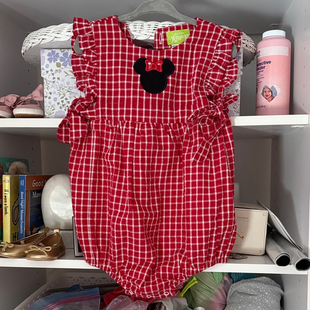 Red Plaid Minnie Mouse Baby Romper with Embroidered Design 2T